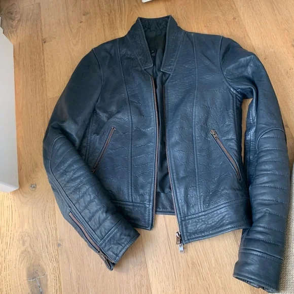 J Crew Standing Collar Leather jacket 00 navy blue - Picture 3 of 8